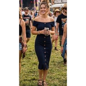 Derek Heart Navy Blue Bodycon Milkmaid Dress Midi Fitted Ribbed XL NWT Romantic